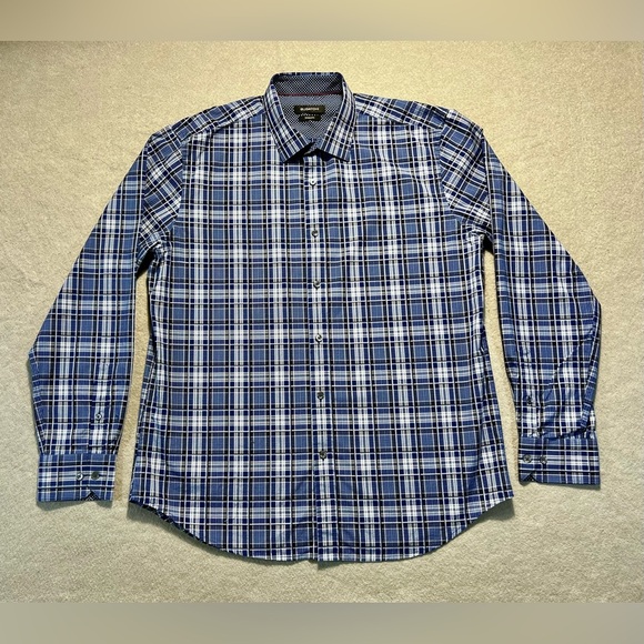 Bugatchi Men’s Large Shaped Fit Shirt Blue Plaid Long Sleeve Cotton Modern - Picture 1 of 6